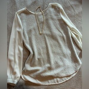 LOFT Ivory Mixed Media Blouse Top, Small